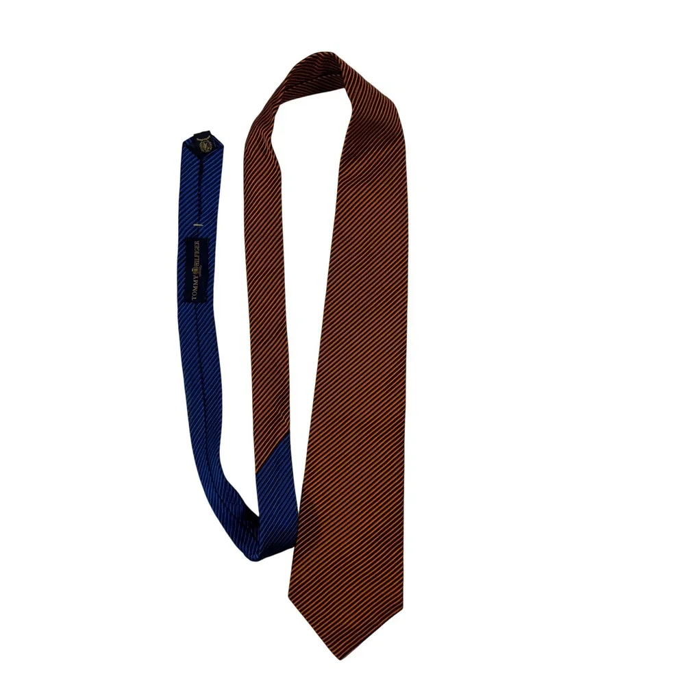Tommy Hilfiger Mens Silk Necktie‎ Orange Navy Blue Striped Classic Formal Tie